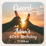 40th birthday party for guys cheers beer square paper coaster<br><div class="desc">A paper coaster for a 40th birthday party for a guy. Photo of two hands holding bottles of beer against the evening sunset. Keep the photo or add yours. With the text: Cheers to, templates for a name age 40 and a date. Date of birth or the date of the...</div>