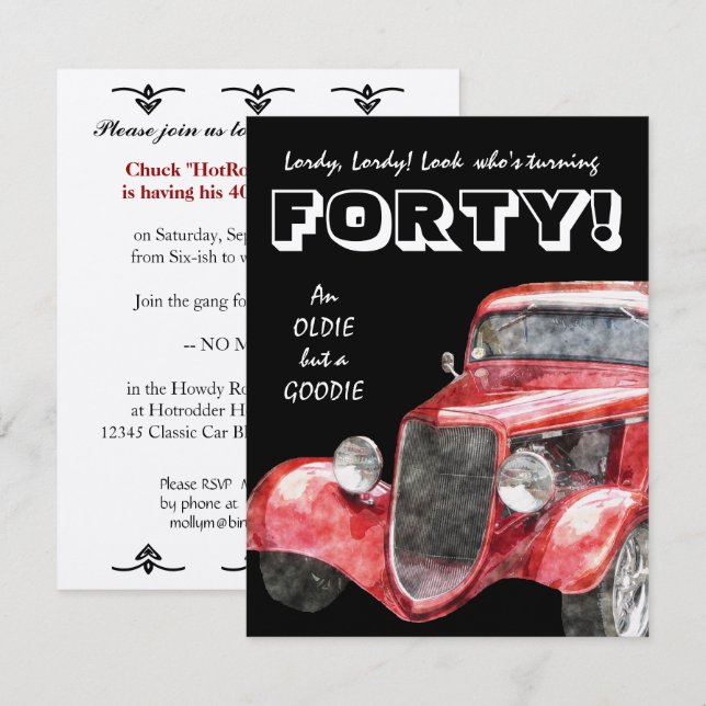 40th Birthday Party For Him - Classic Hotrod Car Invitation (Front/Back)