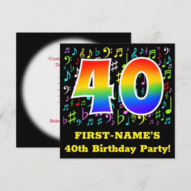 40th Birthday Party: Fun Music Symbols, Rainbow 40 Invitation (Front/Back)