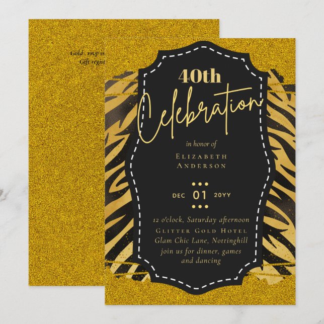 40th Birthday Party Gold Animal Print Glitter Glam Invitation (Front/Back)