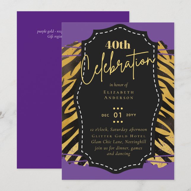 40th Birthday Party Gold Animal Print Glitter Glam Invitation (Front/Back)