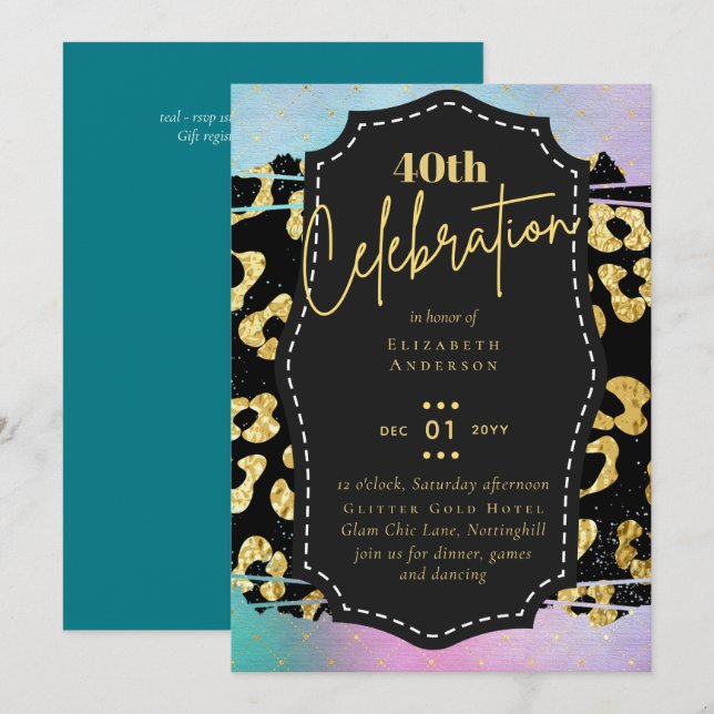 40th Birthday Party Gold Animal Print Glitter Glam Invitation (Front/Back)