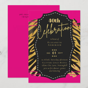 40th Birthday Party Gold Animal Print Glitter Glam Invitation