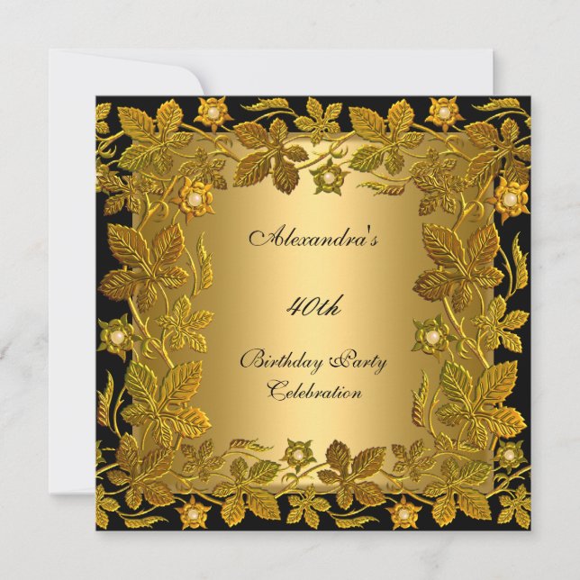 40th Birthday Party Gold Black Floral Invitation (Front)