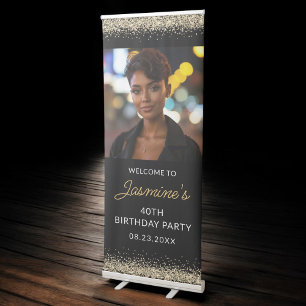 40th Birthday Party Gold Black Glitter Photo Retractable Banner