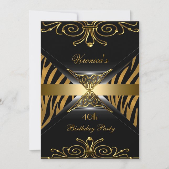 40th Birthday Party Gold Black Gold Art Deco Zebra Invitation (Front)