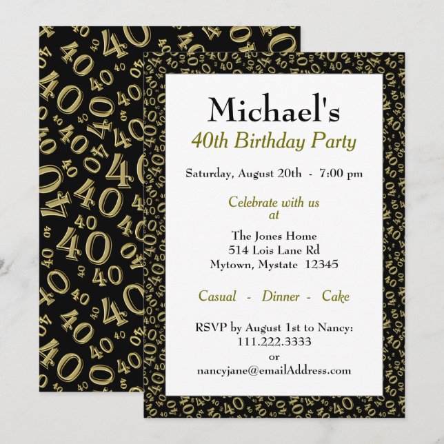 40th Birthday Party - Gold/Black Number Pattern Invitation (Front/Back)