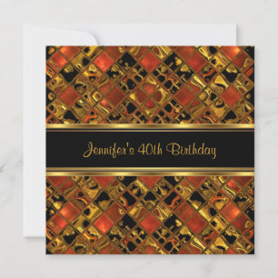 40th Birthday Party Gold Black Red  Abstract Invitation