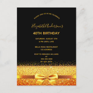 40th birthday party gold black sparkle invitation postcard
