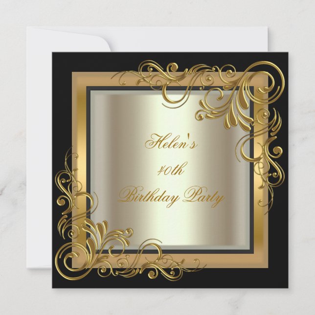 40th Birthday Party Gold Cream Black Floral Invitation (Front)