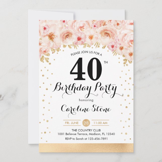 40th Birthday Party - Gold Flowers Invitation (Front)