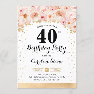 40th Birthday Party - Gold Flowers Invitation