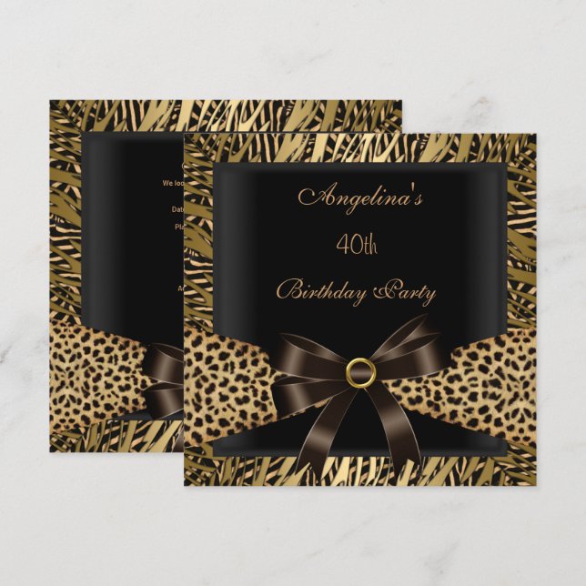 40th Birthday Party Gold Leopard Brown Black Invitation (Front/Back)