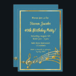 40th birthday party gold music notes teal blue invitation<br><div class="desc">Let's party and dance! A trendy,  modern 40th birthday party invitation card for both men and women.  Teal,  blue green coloured background,  with faux gold  frame and music notes,  golden coloured letters. Templates for your party information.  Back:  faux gold music notes.</div>