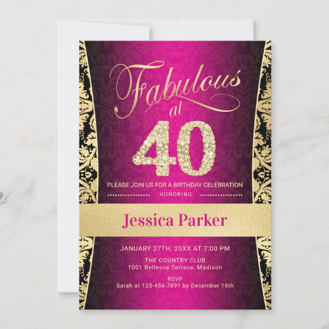 40th Birthday Party - Gold Pink Black Invitation (Front)