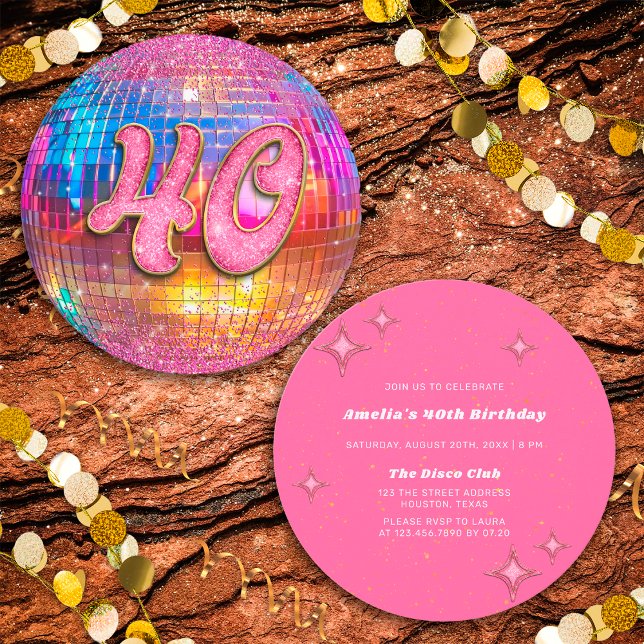 40th Birthday Party Gold Pink Glitter Disco Ball Invitation (Front/Back)