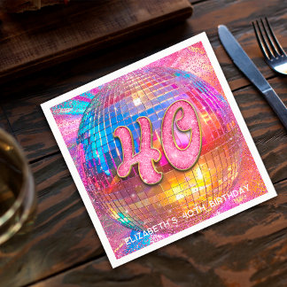 40th Birthday Party Gold Pink Glitter Disco Ball Napkin