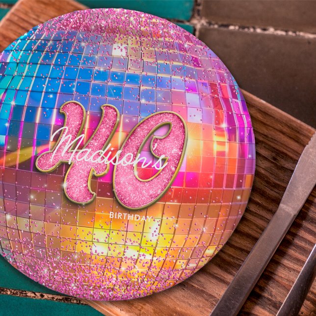 40th Birthday Party Gold Pink Glitter Disco Ball Paper Plate (Creator Uploaded)