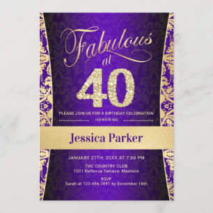 40th Birthday Party - Gold Purple Invitation