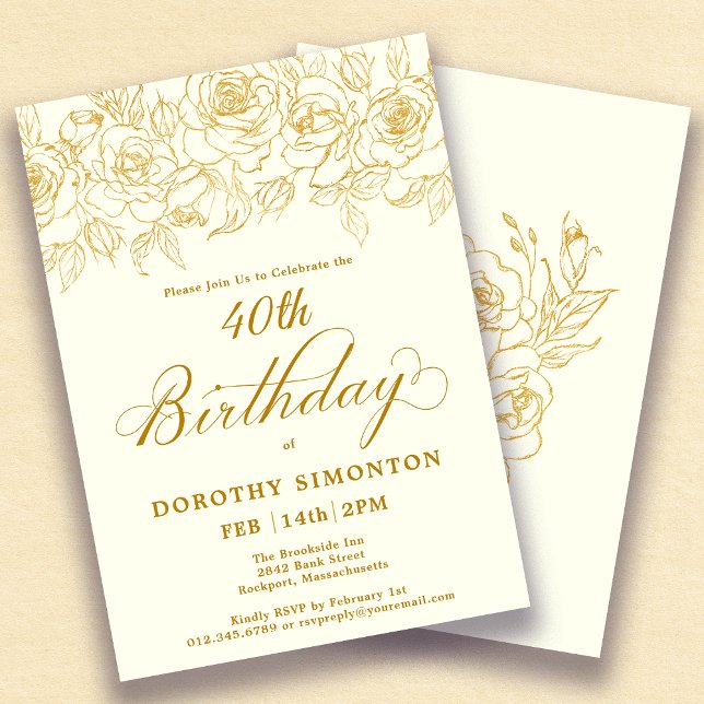 40th Birthday Party Gold Rose Floral Ivory White Invitation (Creator Uploaded)