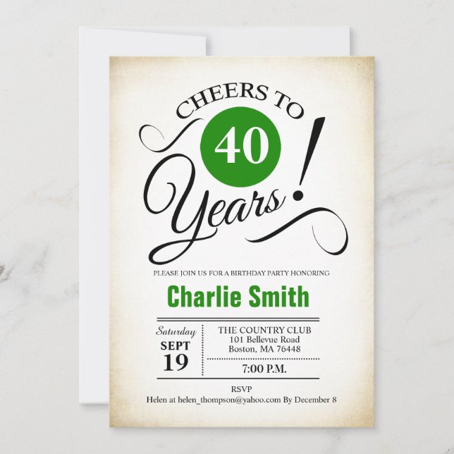 40th Birthday Party - Green Black White Invitation (Front)