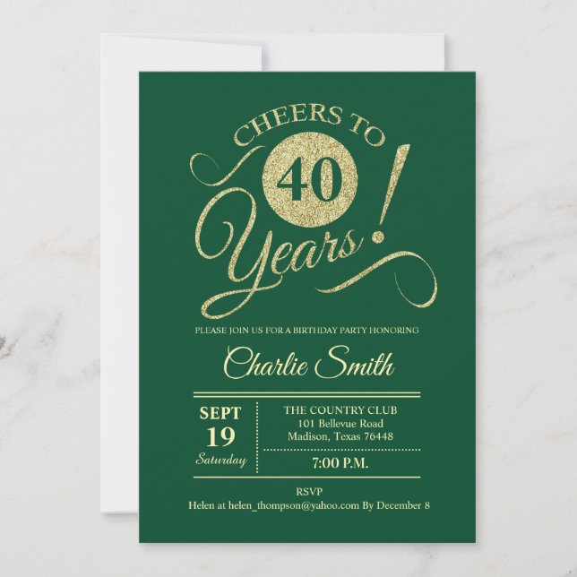 40th Birthday Party - Green Gold Invitation (Front)