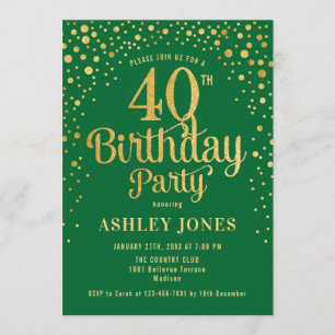 40th Birthday Party - Green & Gold Invitation