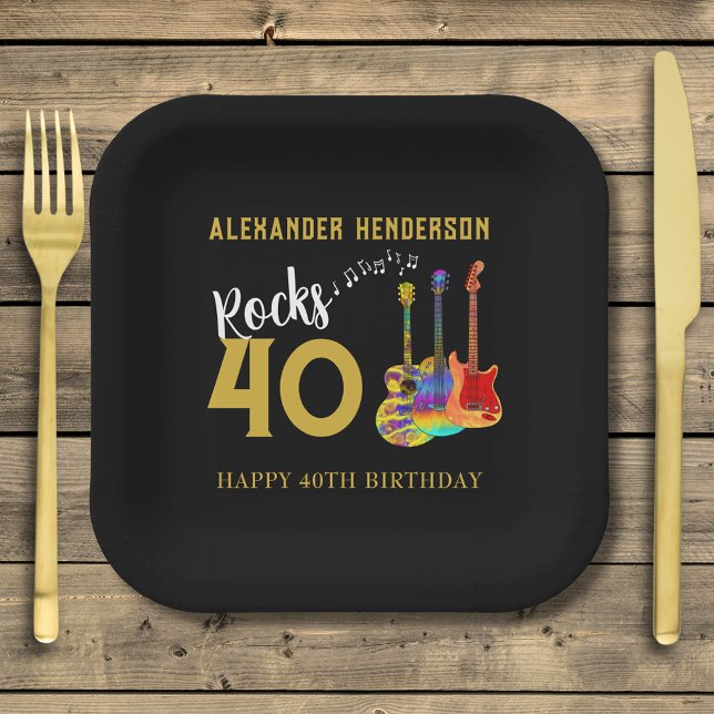 40th Birthday Party Guitars Name Rocks 40 Paper Plate (Guitar black and gold custom 40th birthday party with rock and roll colorful funky guitars)