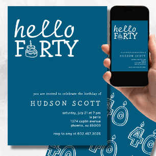  40th Birthday Party Hello Forty Modern Blue Invitation