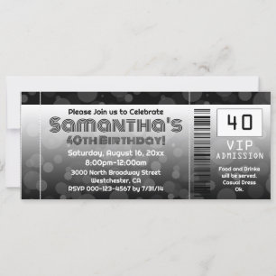 40th Birthday Party Invitation, Black Ticket Invitation