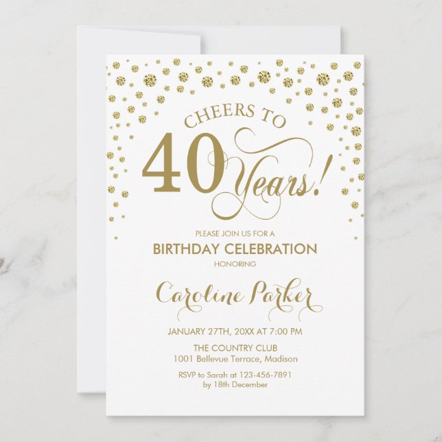 40th Birthday Party Invitation - Gold and White (Front)