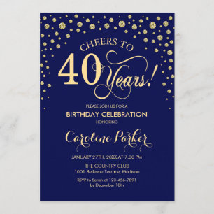40th Birthday Party Invitation - Gold Navy Blue