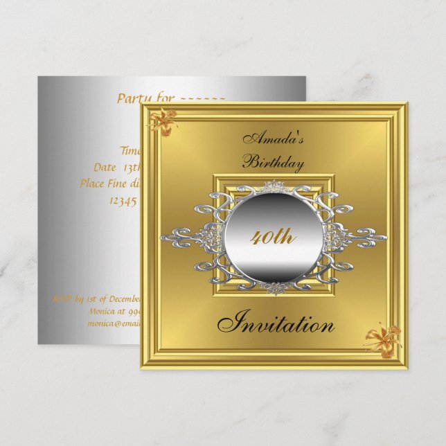 40th Birthday Party  Invitation Gold Silver (Front/Back)