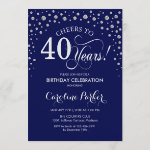 40th Birthday Party Invitation - Silver Navy Blue