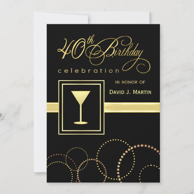 40th Birthday Party Invitations - Gold and Black (Front)