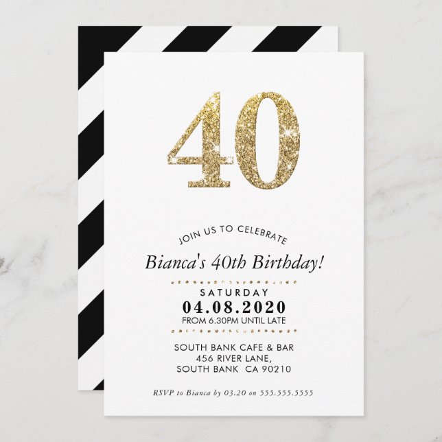 40TH BIRTHDAY PARTY INVITE modern gold glitter (Front/Back)