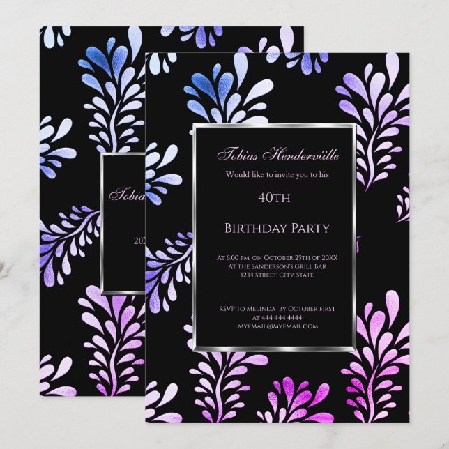 40th  Birthday Party Man invitation Black Purple (Front/Back)