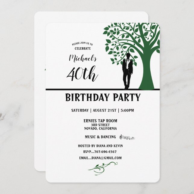 40th Birthday Party Man Silhouette by Tree Invitation (Front/Back)