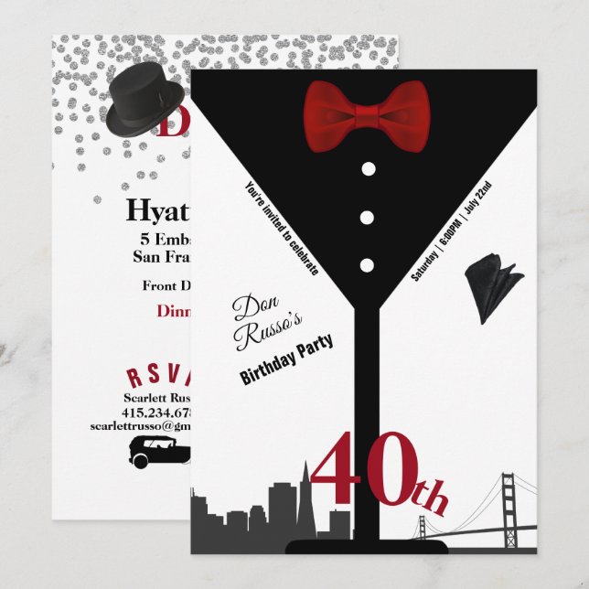 40th Birthday Party Martini Glass Red Bow Tie  Invitation (Front/Back)