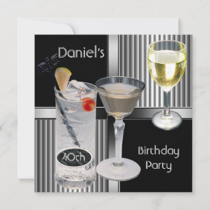 40th Birthday Party Mens Drinks Metal Black Silver Invitation