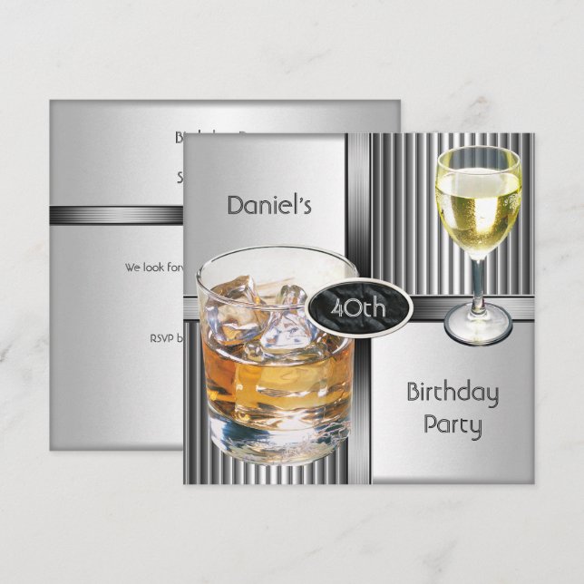 40th Birthday Party Mens Drinks Metal Black Silver Invitation (Front/Back)