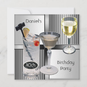40th Birthday Party Mens Drinks Metal Black Silver Invitation