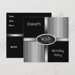 40th Birthday Party Mens Metal Black White Silver Invitation