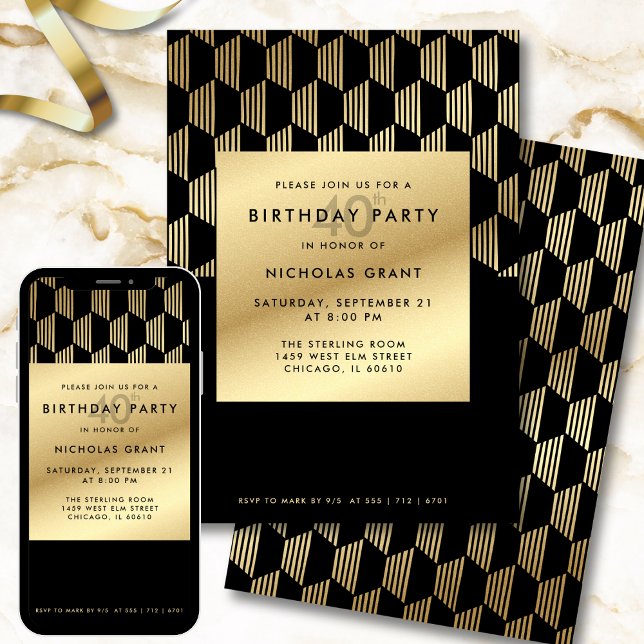 40th Birthday Party Modern Black and Gold Foil Invitation (Creator Uploaded)