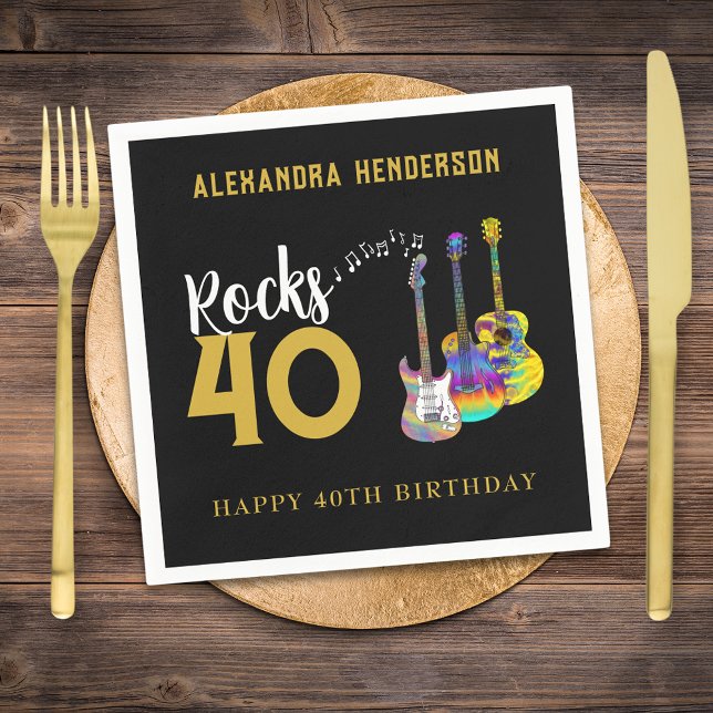 40th Birthday Party Music Guitar Rocks 40 Napkin (Rock and roll black and gold 40th birthday party personalized paper napkin with funky guitars)