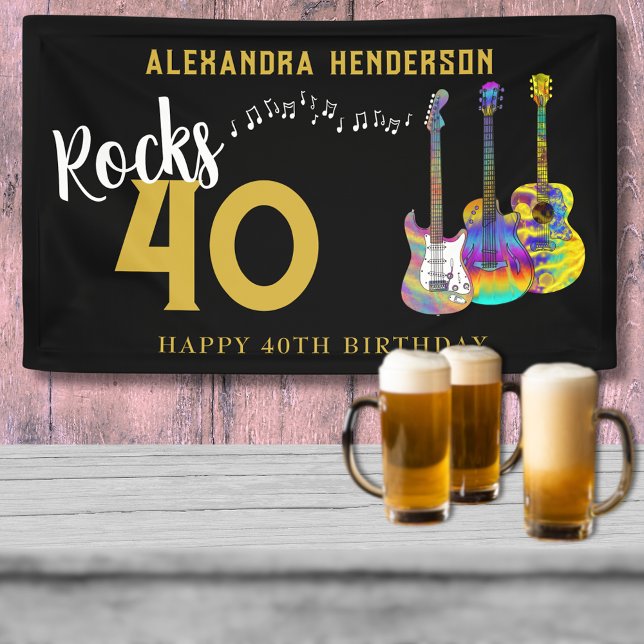 40th Birthday Party Music Guitars Rock and Roll Banner (Rock and roll black and gold music guitar 40th birthday party banner)