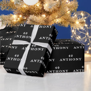 40th Birthday Party Name Black Modern Pattern Wrapping Paper