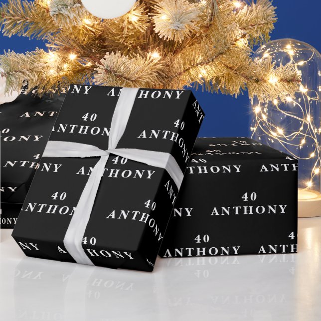40th Birthday Party Name Black Modern Pattern Wrapping Paper (Holidays)