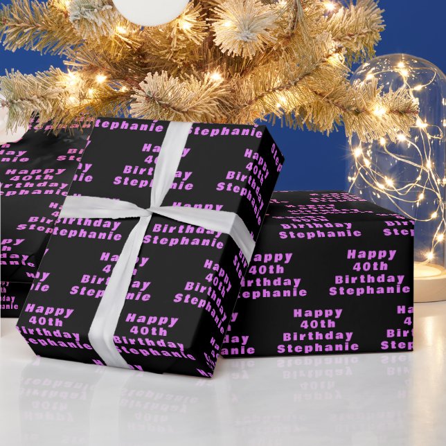 40th Birthday Party Name Black Purple Pattern Wrapping Paper (Holidays)