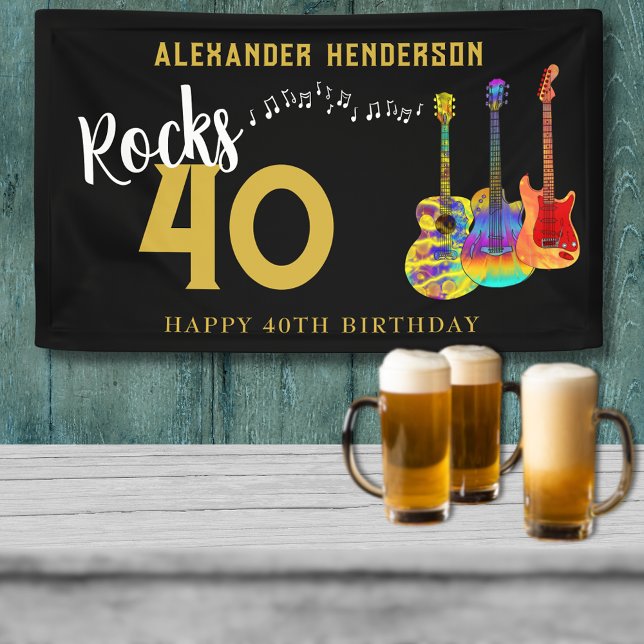 40th Birthday Party Name Guitars Music Rocks 40 Banner (Custom rocks 40 black and gold 40th birthday party banner rock and roll guitar illustration )